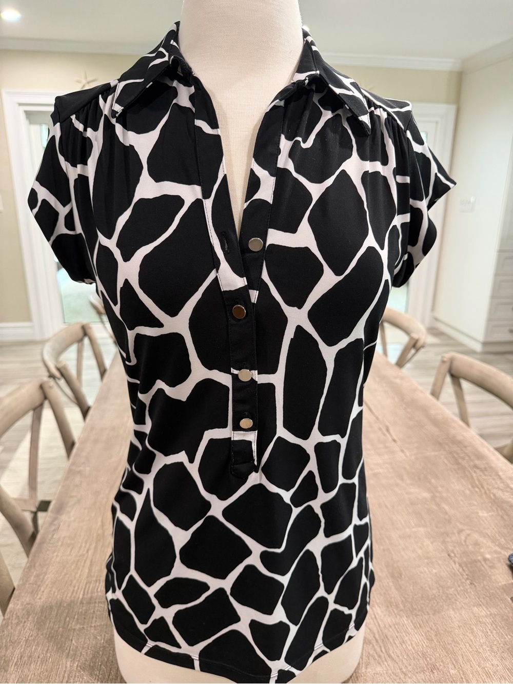 Alfani Black and White Giraffe-Print Polo Blouse